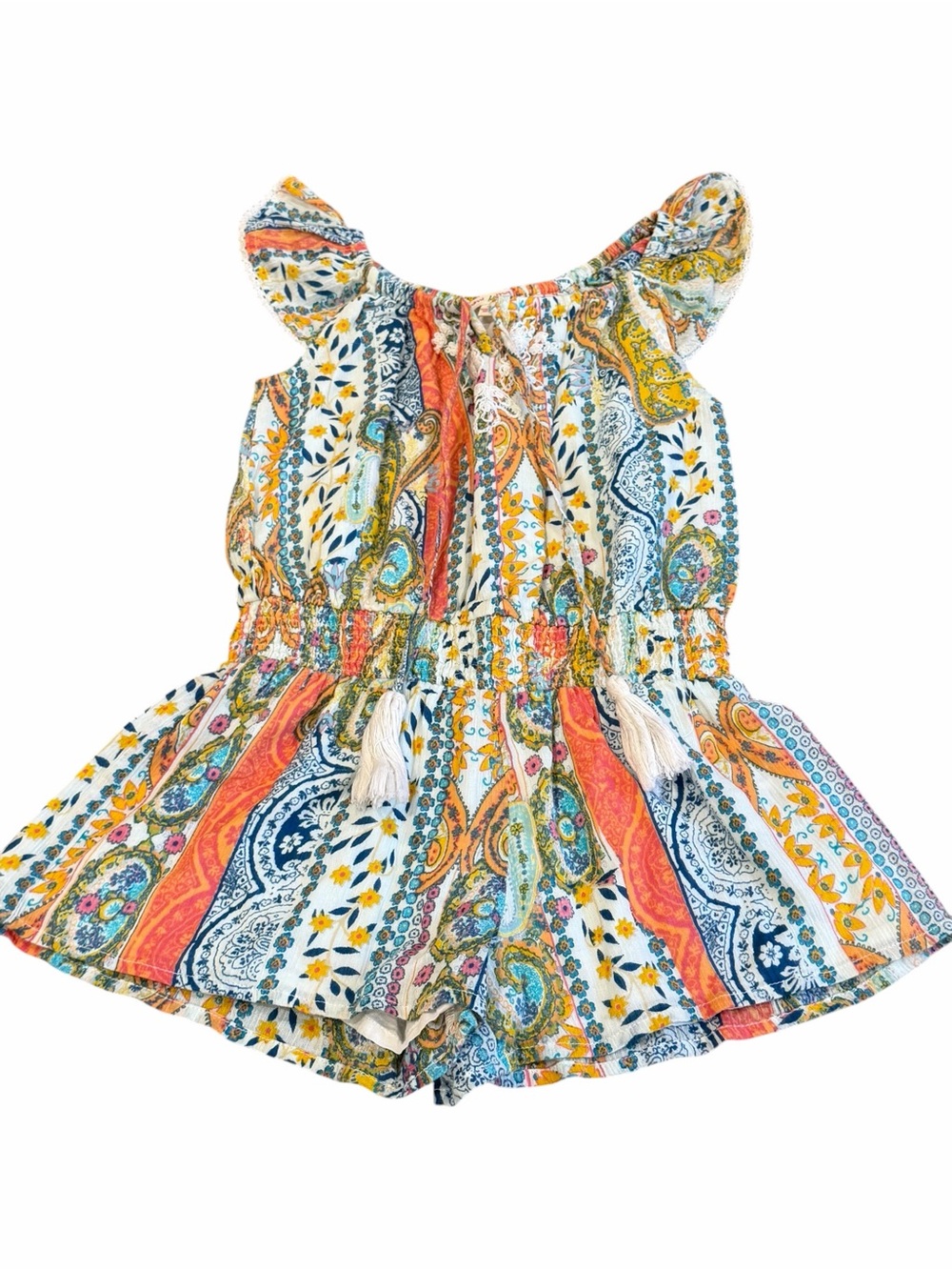 Mimi & Maggie, Multicolor Paisley Stripe Romper with Tassels, Size 4